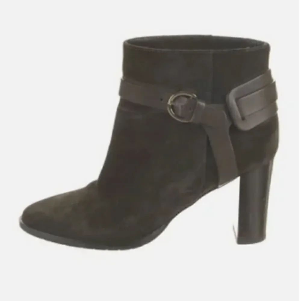 Jimmy Choo suede bootie in army green w gold buckle size 7.5
